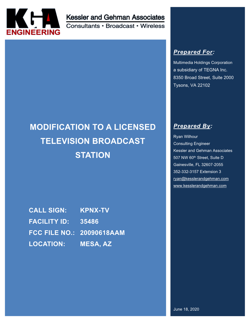 Modification to a Licensed Television Broadcast Station Mesa, AZ TABLE of CONTENTS