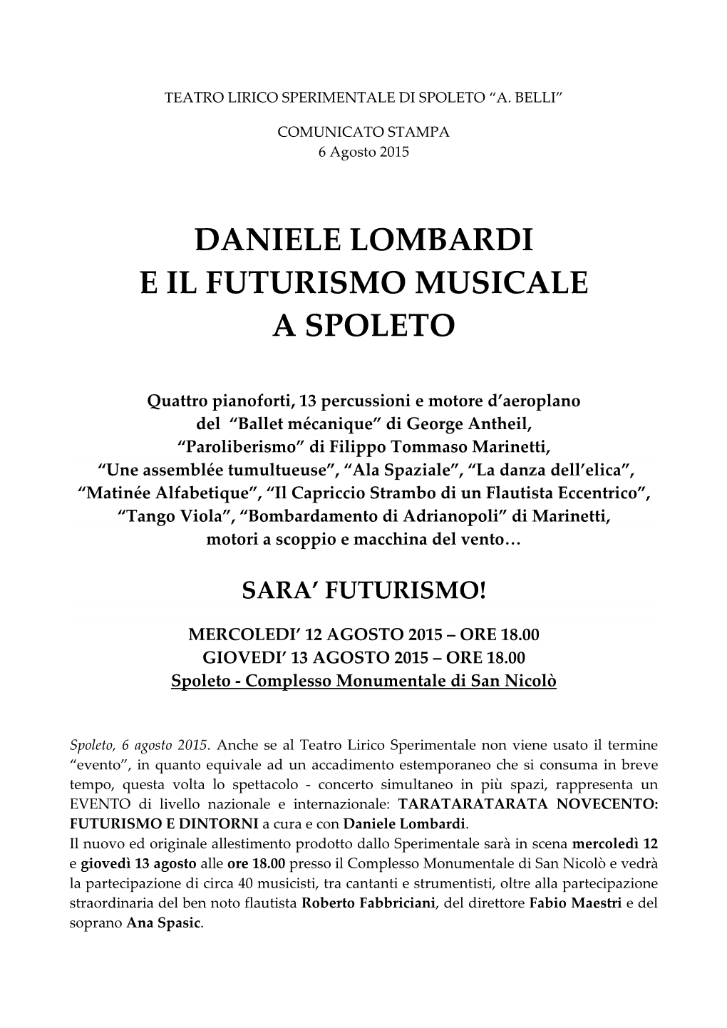 Daniele Lombardi E Il Futurismo Musicale a Spoleto