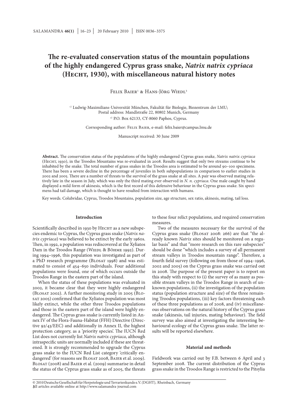 The Re-Evaluated Conservation Status of the Mountain Populations of the Highly Endangered Cyprus Grass Snake, Natrix Natrix Cypr