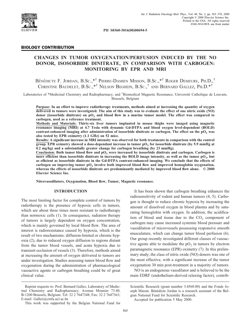 Changes in Tumor Oxygenation/Perfusion Induced by the No Donor, Isosorbide Dinitrate, in Comparison with Carbogen: Monitoring by Epr and Mri