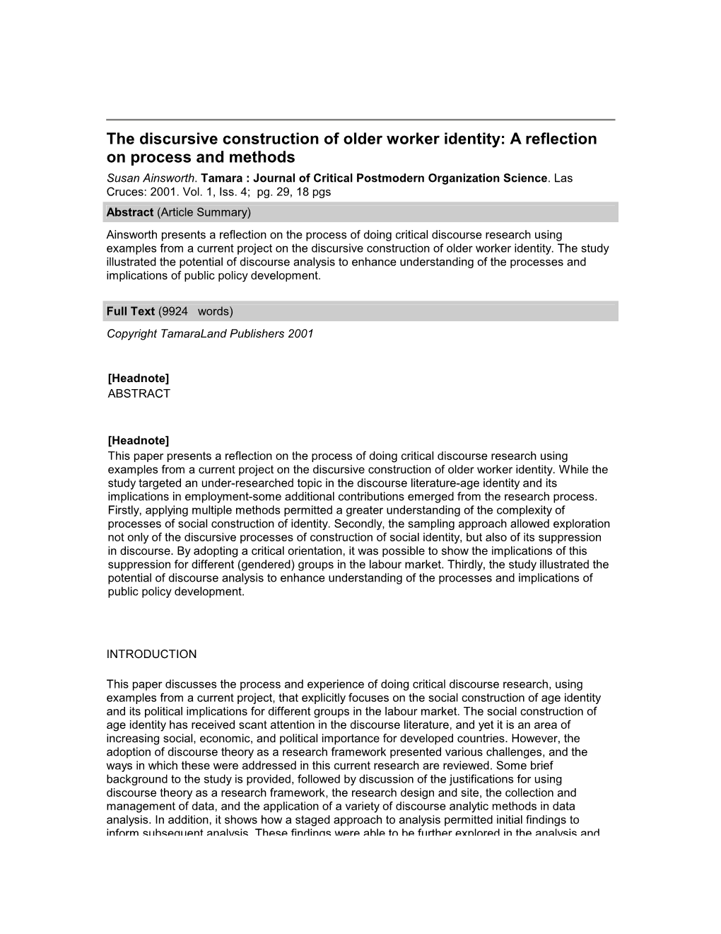 The Discursive Construction of Older Worker Identity: a Reflection on Process and Methods Susan Ainsworth