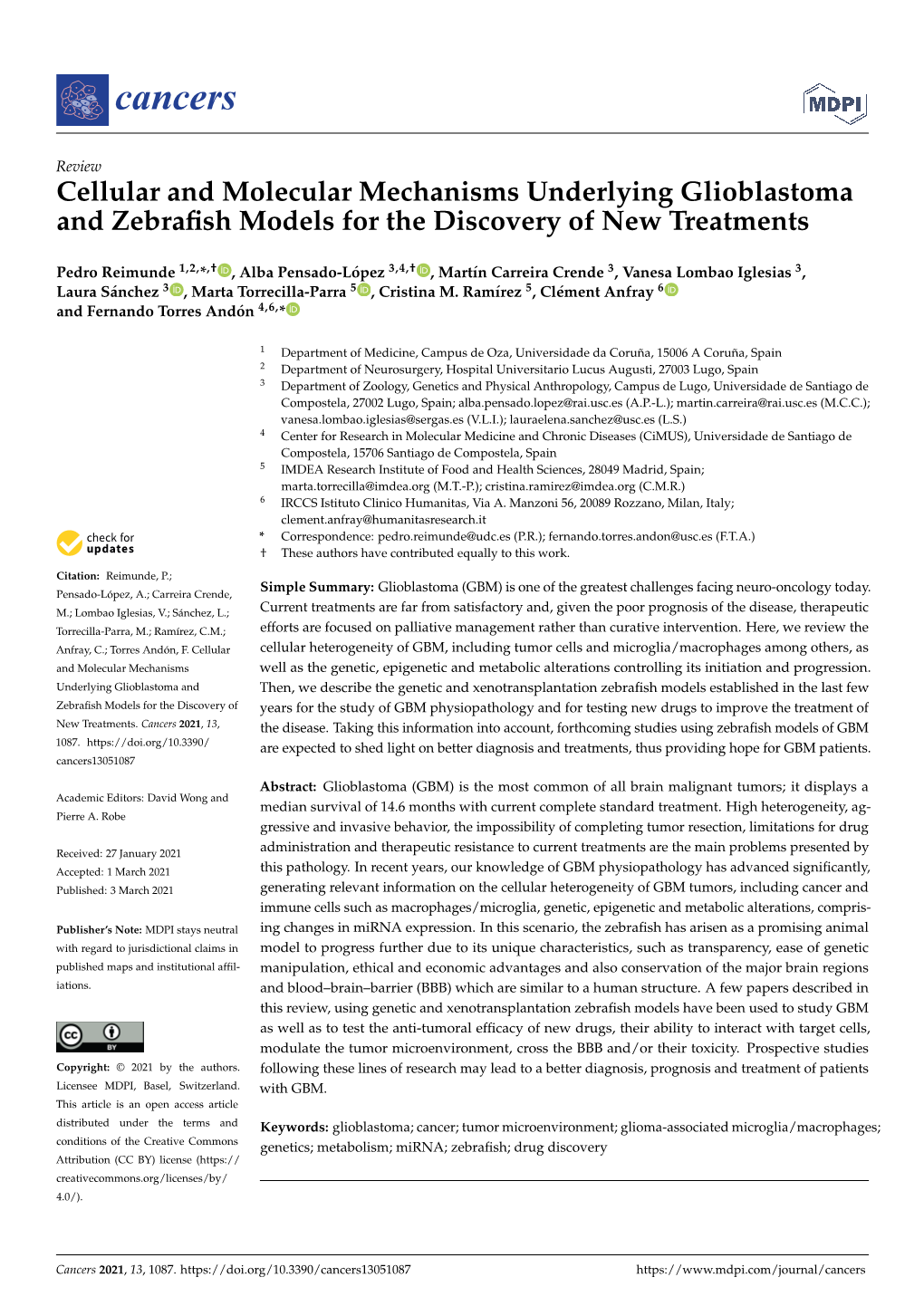 Cellular and Molecular Mechanisms Underlying Glioblastoma and Zebraﬁsh Models for the Discovery of New Treatments