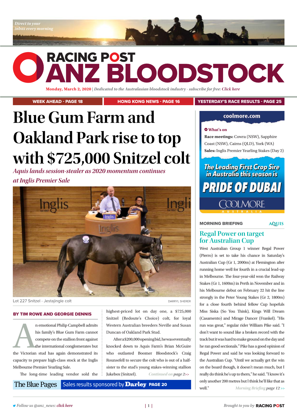 Blue Gum Farm and Oakland Park Rise to Top with $725,000 Snitzel Colt | 2 | Monday, March 2, 2020