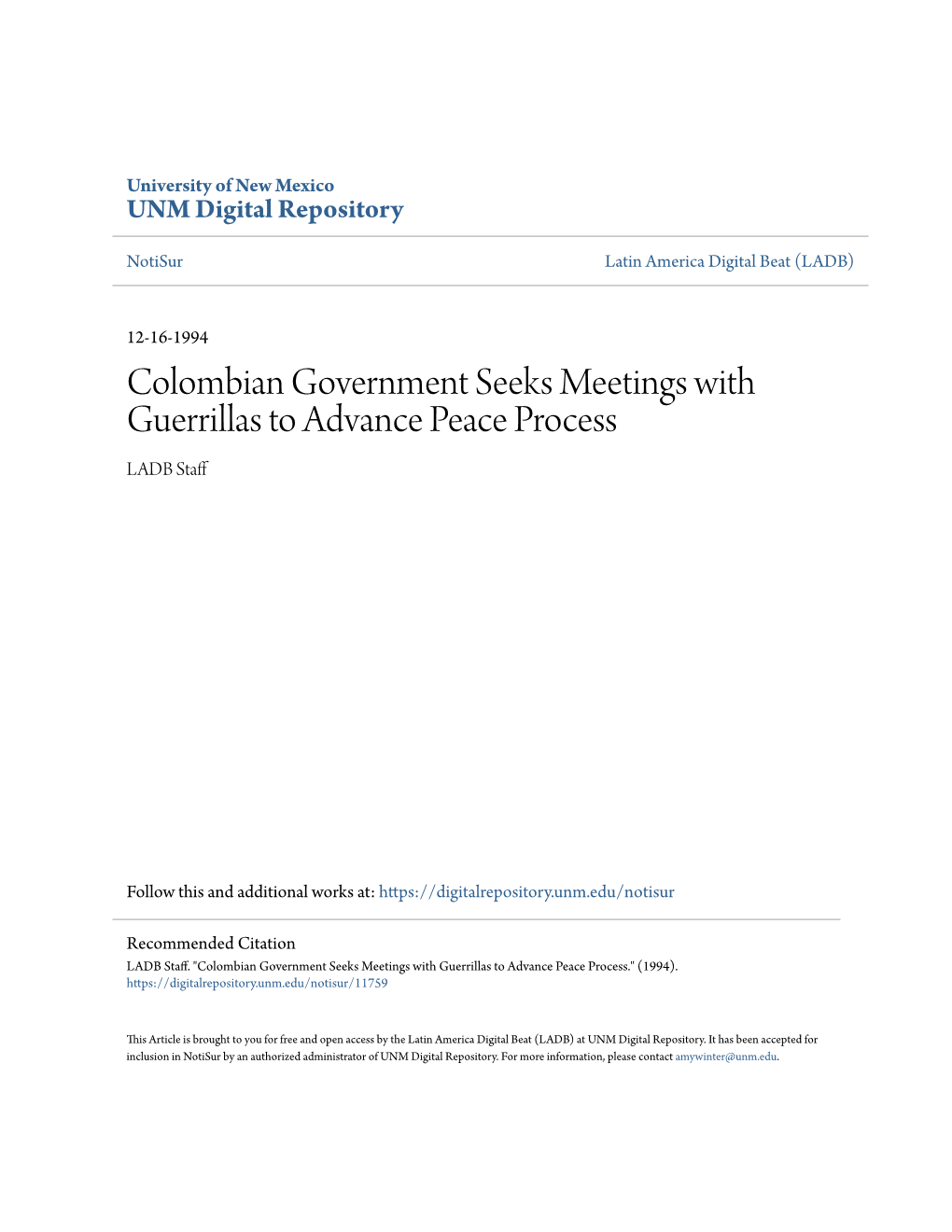 Colombian Government Seeks Meetings with Guerrillas to Advance Peace Process LADB Staff