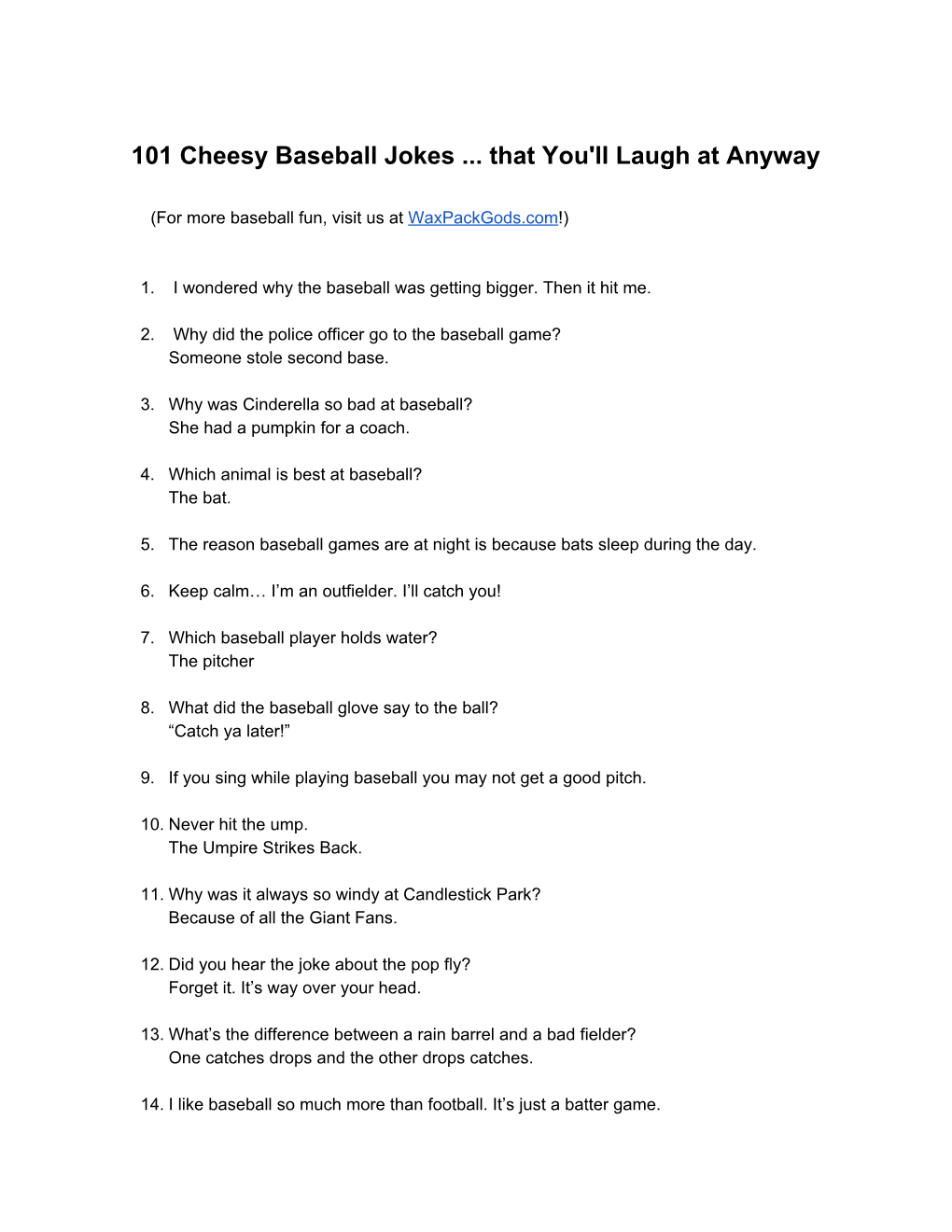 101 Cheesy Baseball Jokes ... That You'll Laugh at Anyway