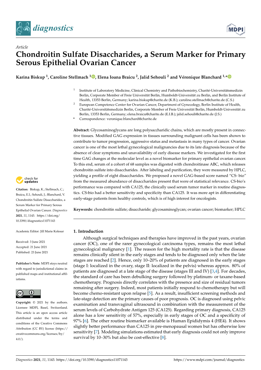 Chondroitin Sulfate Disaccharides, a Serum Marker for Primary Serous Epithelial Ovarian Cancer