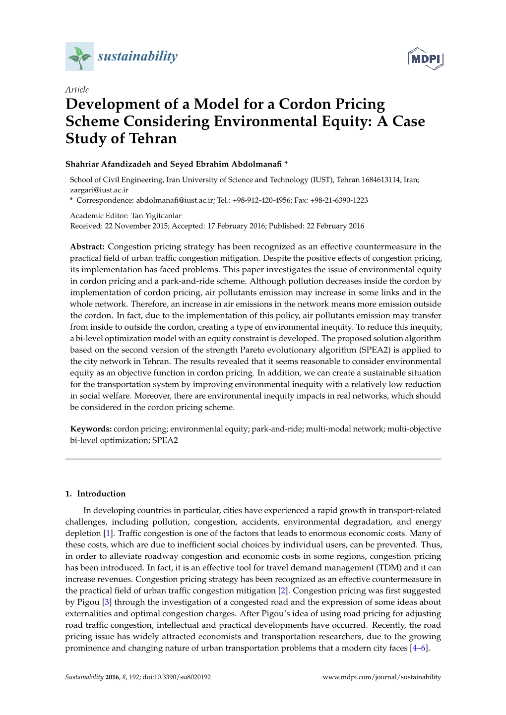 Development of a Model for a Cordon Pricing Scheme Considering Environmental Equity: a Case Study of Tehran