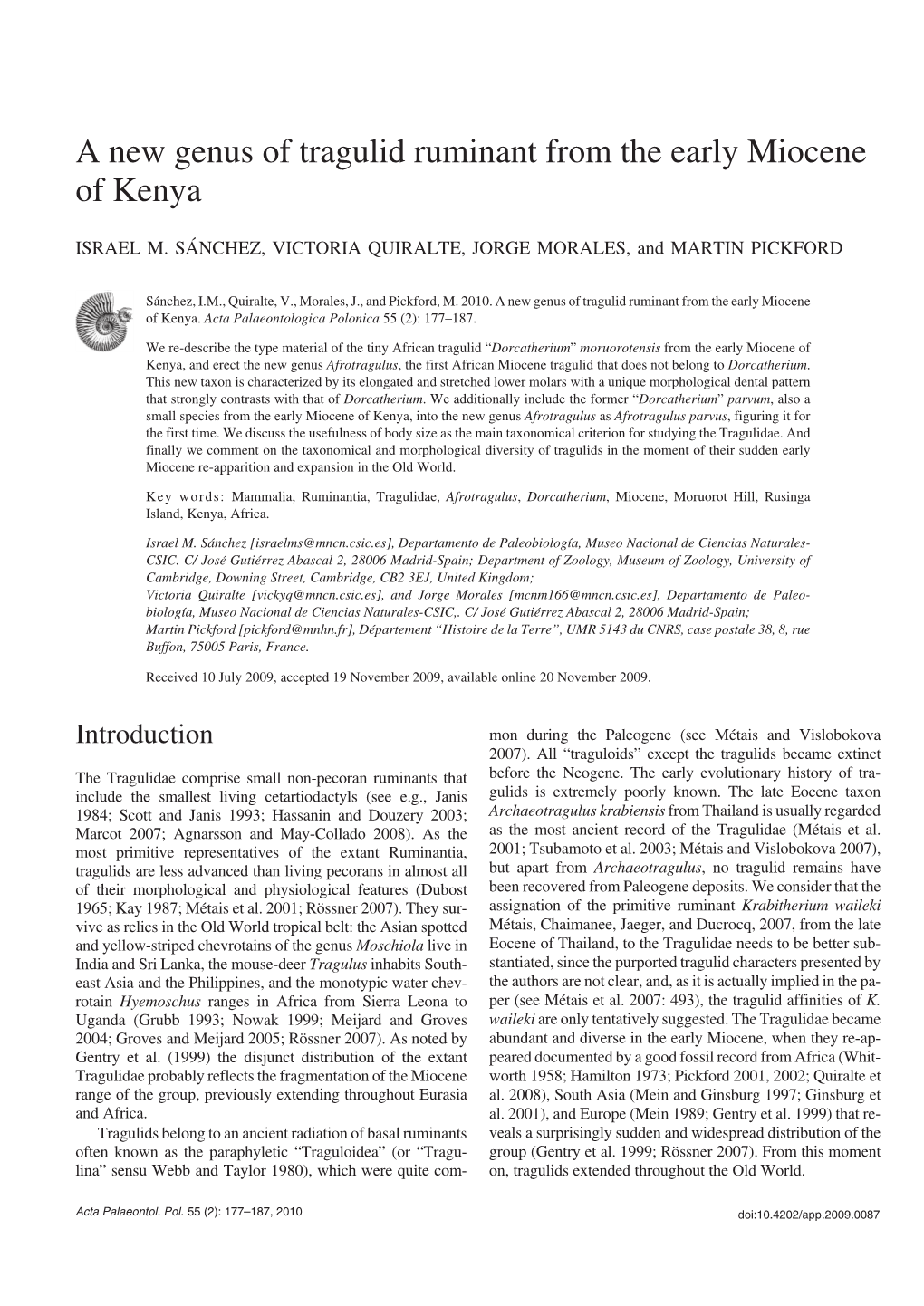 A New Genus of Tragulid Ruminant from the Early Miocene of Kenya