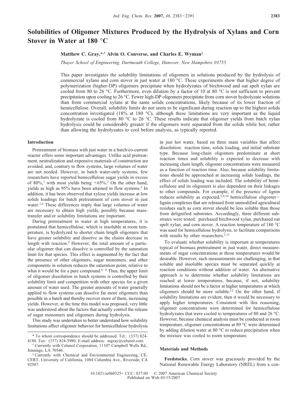 Solubilities of Oligomer Mixtures Produced by the Hydrolysis of Xylans and Corn Stover in Water at 180 °C