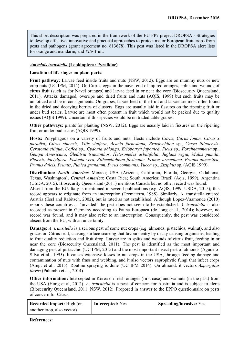 Mini Data Sheet on Amyelois Transitella