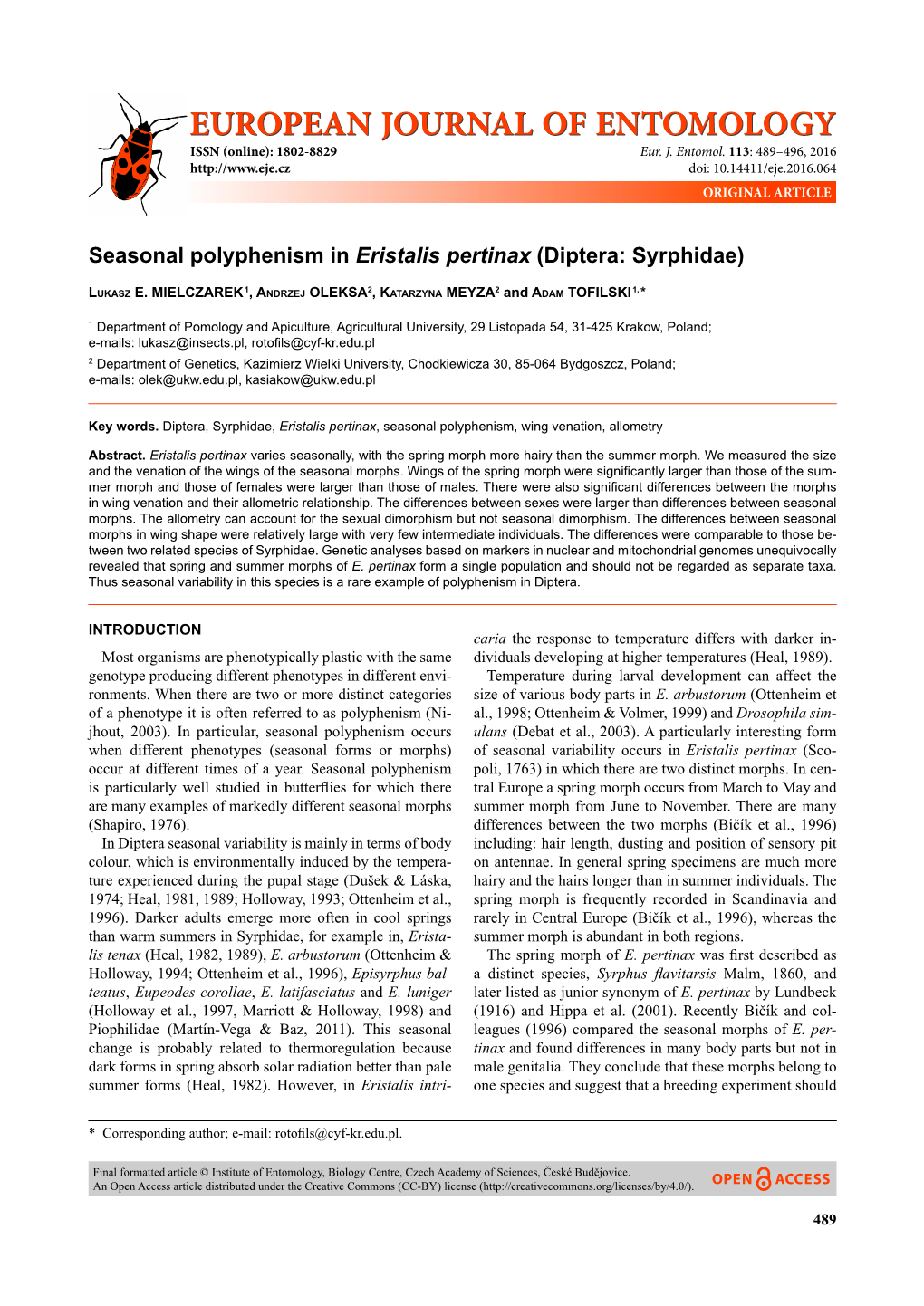 Seasonal Polyphenism in Eristalis Pertinax (Diptera: Syrphidae)