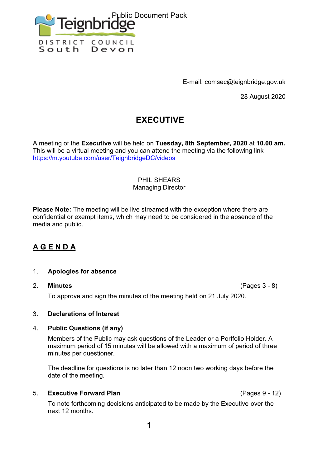 (Public Pack)Agenda Document for Executive, 08/09/2020 10:00