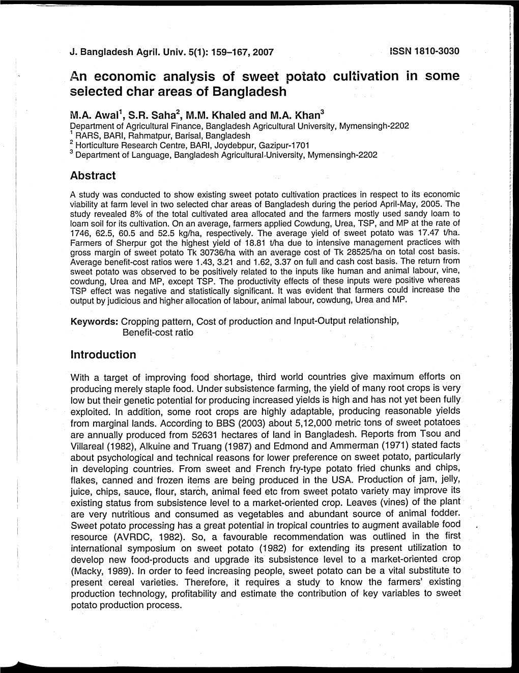 An Economic Analysis of Sweet Potato Cultivation in Some Selected Char Areas of Bangladesh