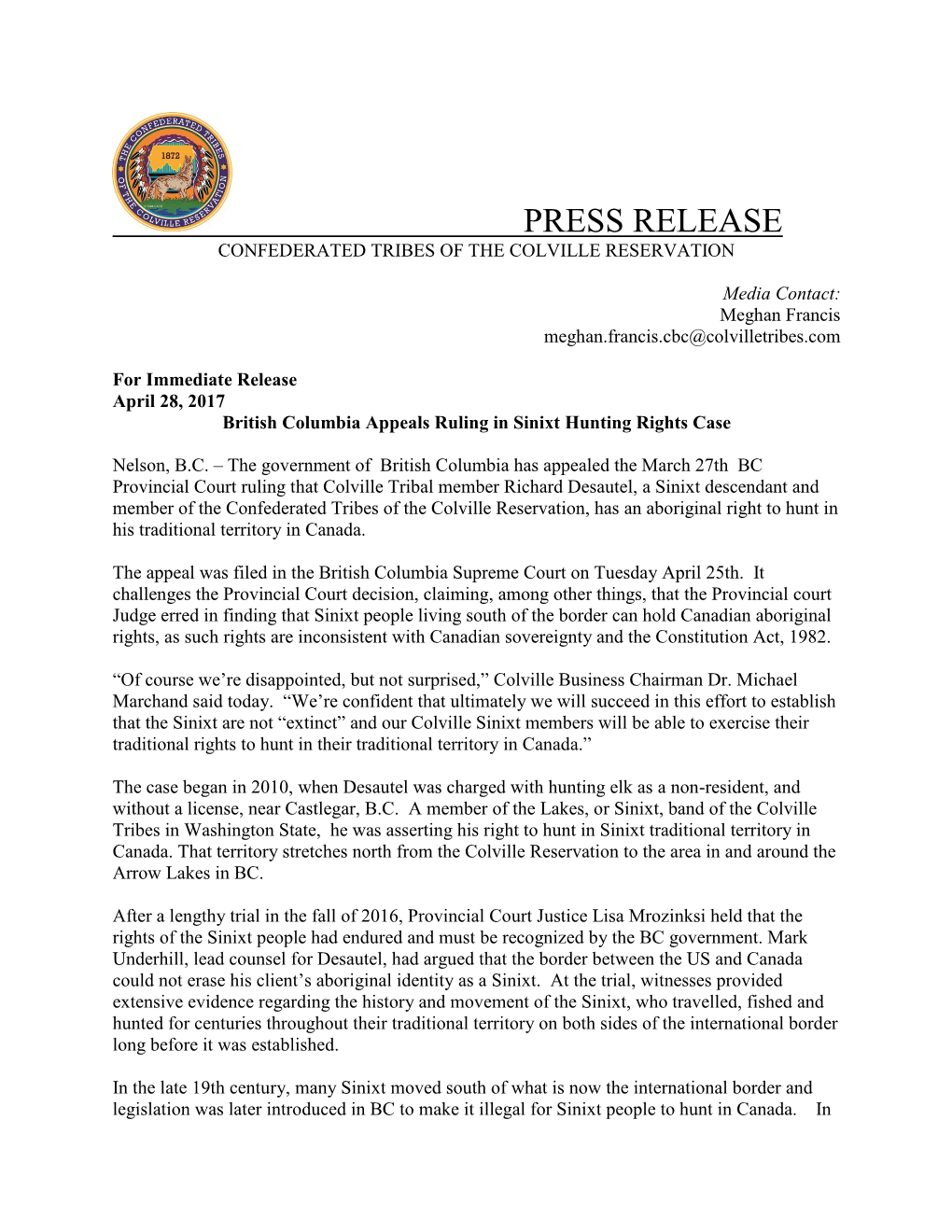 Press Release Confederated Tribes of the Colville Reservation