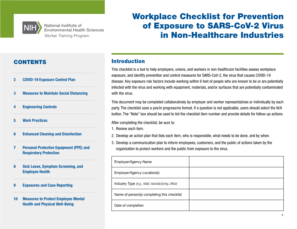 Workplace Checklist for Prevention of Exposure to SARS-Cov-2 Virus in Non-Healthcare Industries 2 in Measures to Maintain Social Distancing YES Progress NO N/A