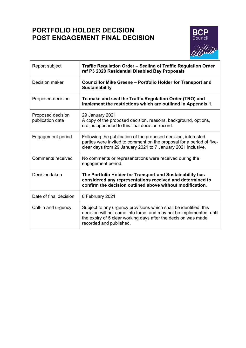 Portfolio Holder Decision Post Engagement Final Decision