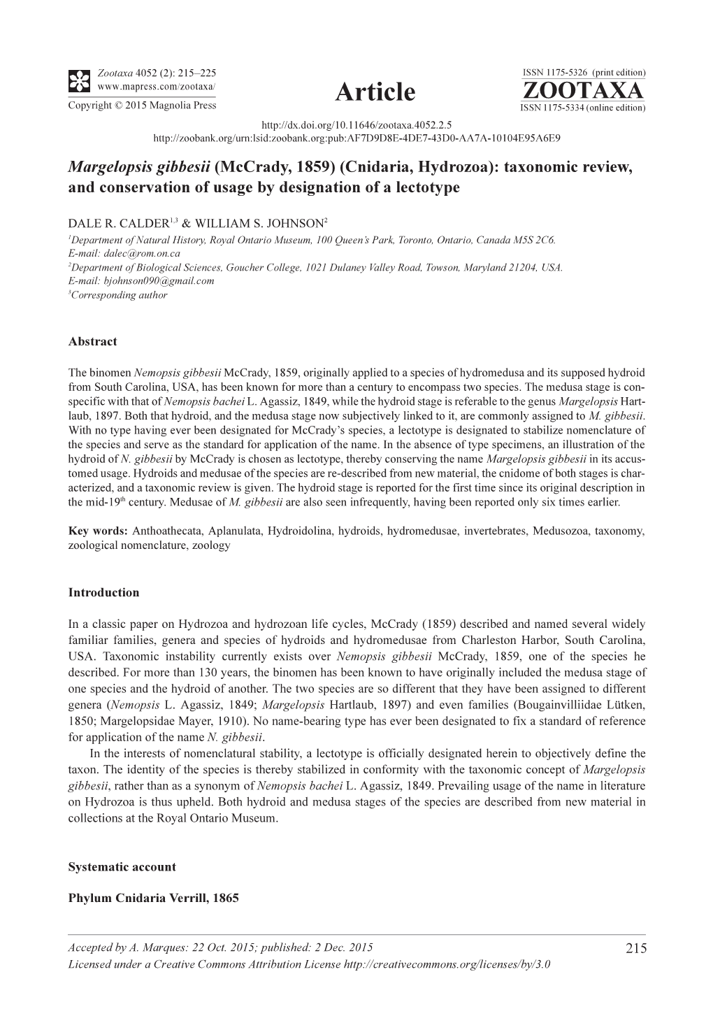 Cnidaria, Hydrozoa): Taxonomic Review, and Conservation of Usage by Designation of a Lectotype