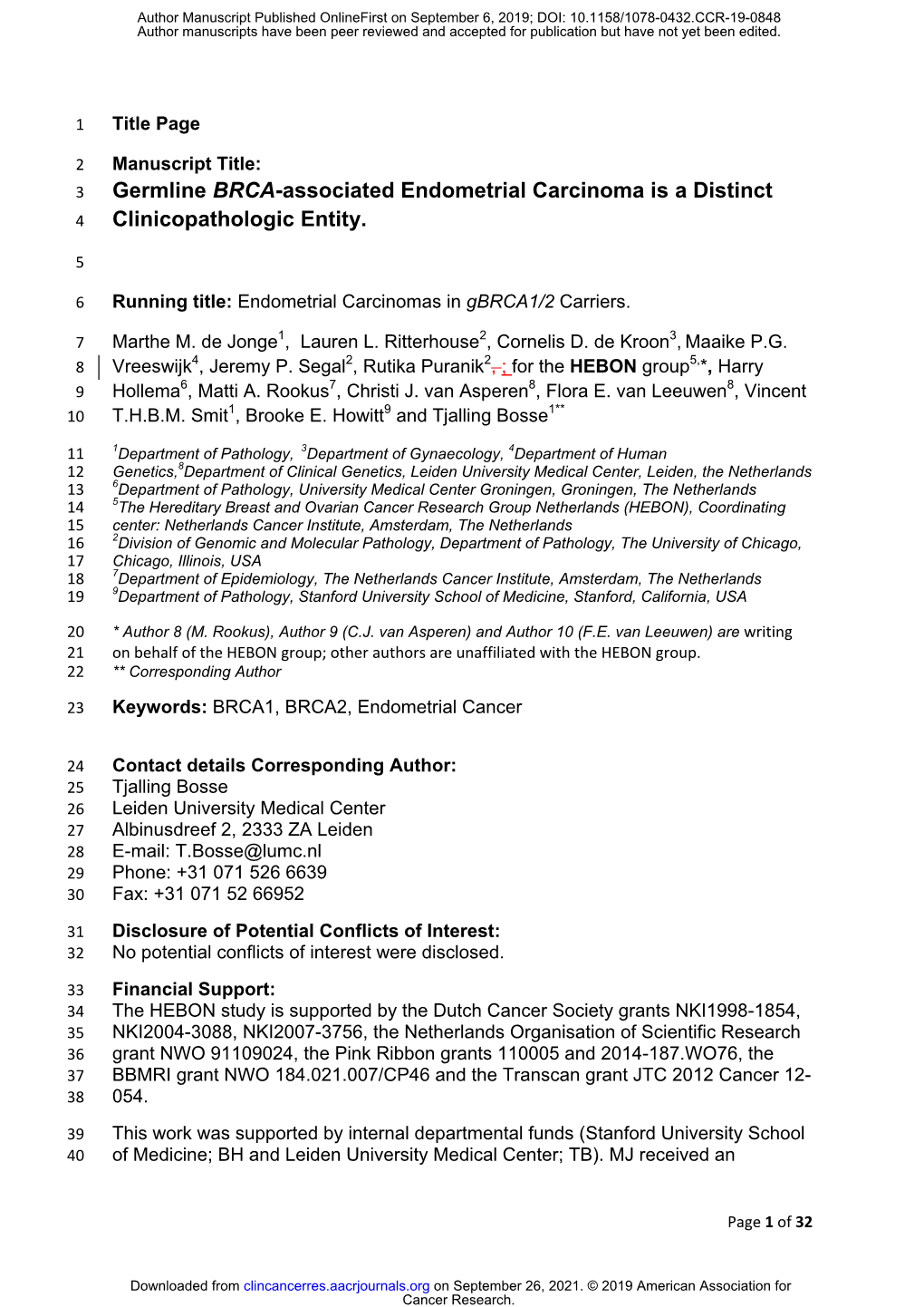 Germline BRCA-Associated Endometrial Carcinoma Is a Distinct 4 Clinicopathologic Entity