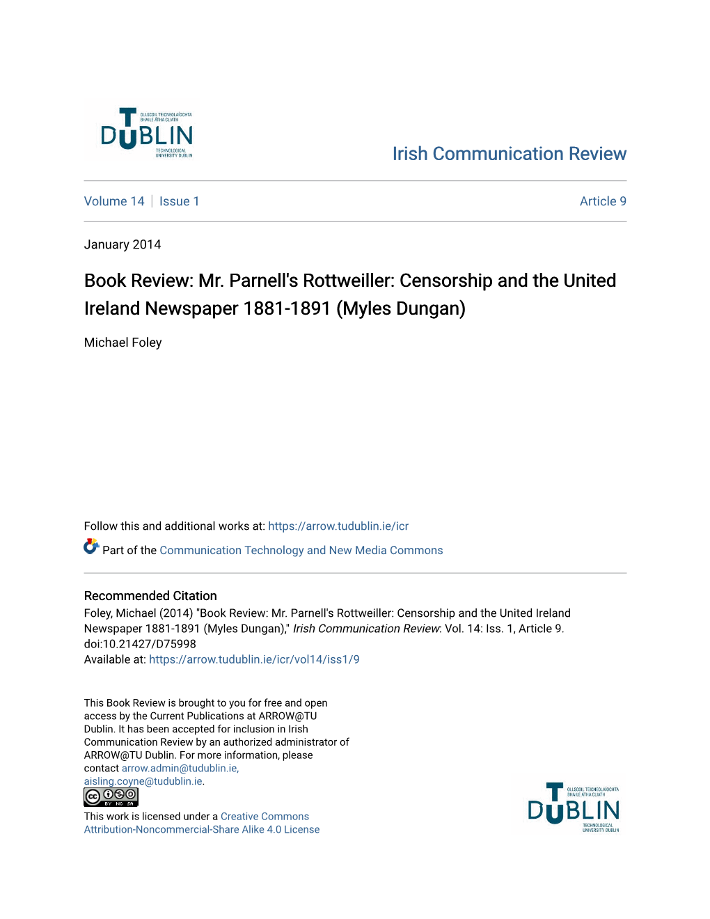 Book Review: Mr. Parnell's Rottweiller: Censorship and the United Ireland Newspaper 1881-1891 (Myles Dungan)