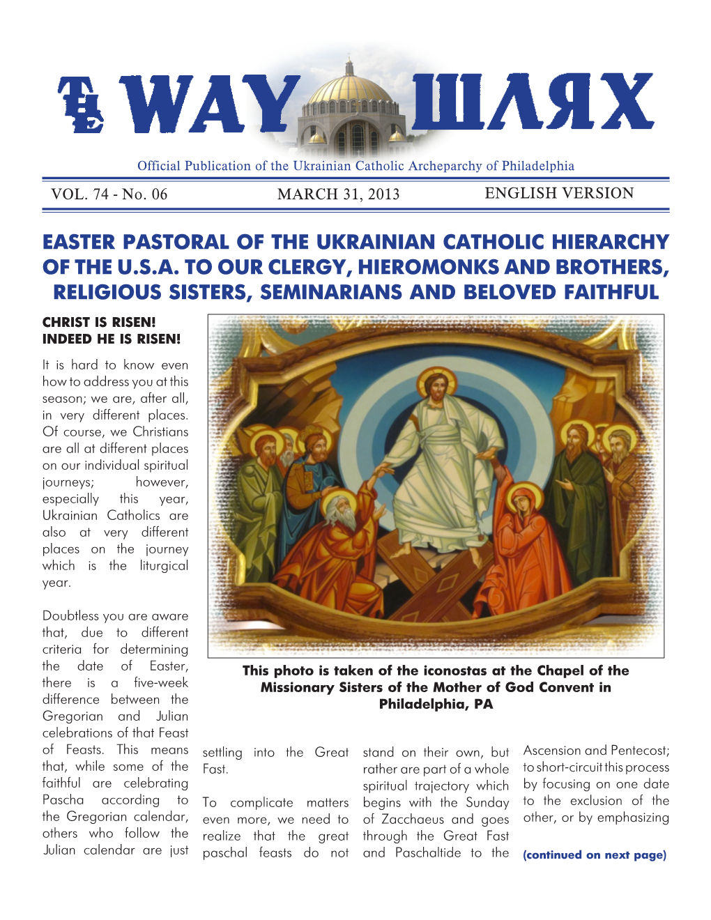 Easter Pastoral of the Ukrainian Catholic Hierarchy of the U.S.A. to Our