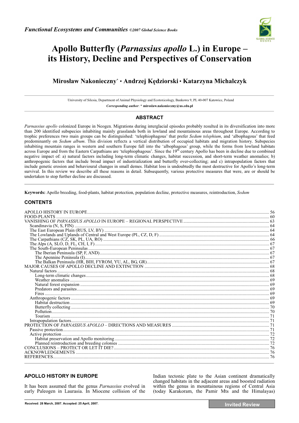 Apollo Butterfly (Parnassius Apollo L.) in Europe – Its History, Decline and Perspectives of Conservation