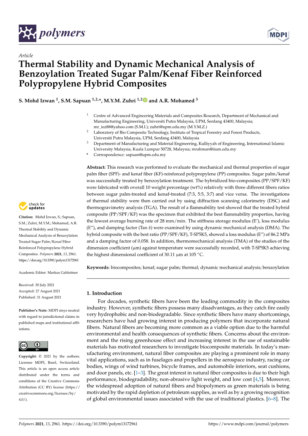 Thermal Stability and Dynamic Mechanical Analysis of Benzoylation Treated Sugar Palm/Kenaf Fiber Reinforced Polypropylene Hybrid Composites