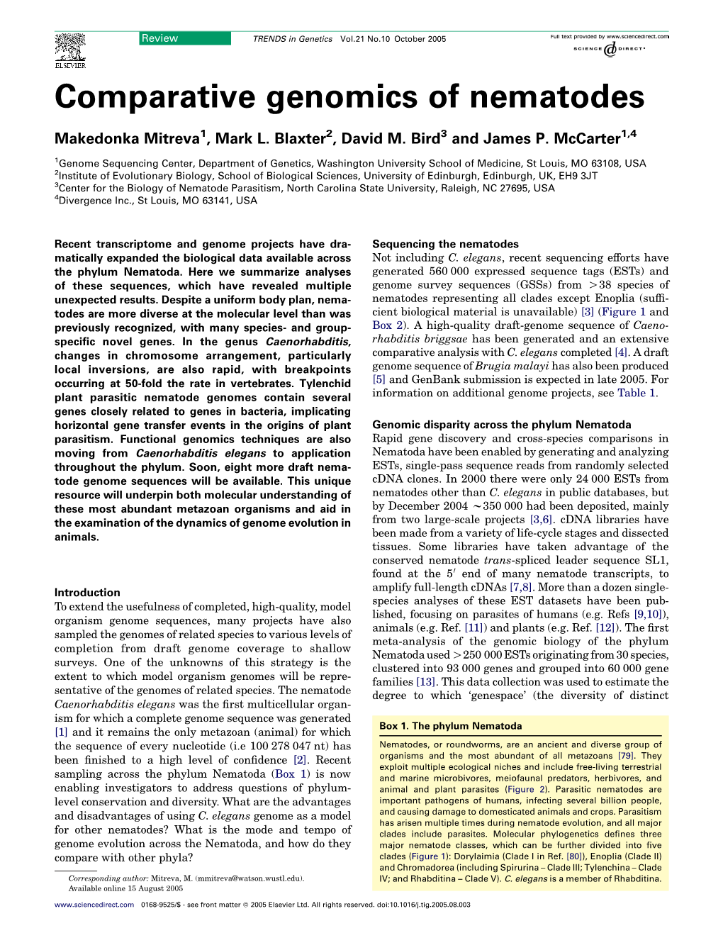 Comparative Genomics of Nematodes