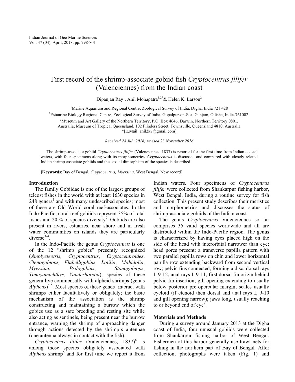 First Record of the Shrimp-Associate Gobiid Fish Cryptocentrus Filifer (Valenciennes) from the Indian Coast