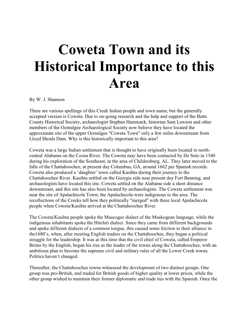 Coweta Town and Its Historical Importance to This Area