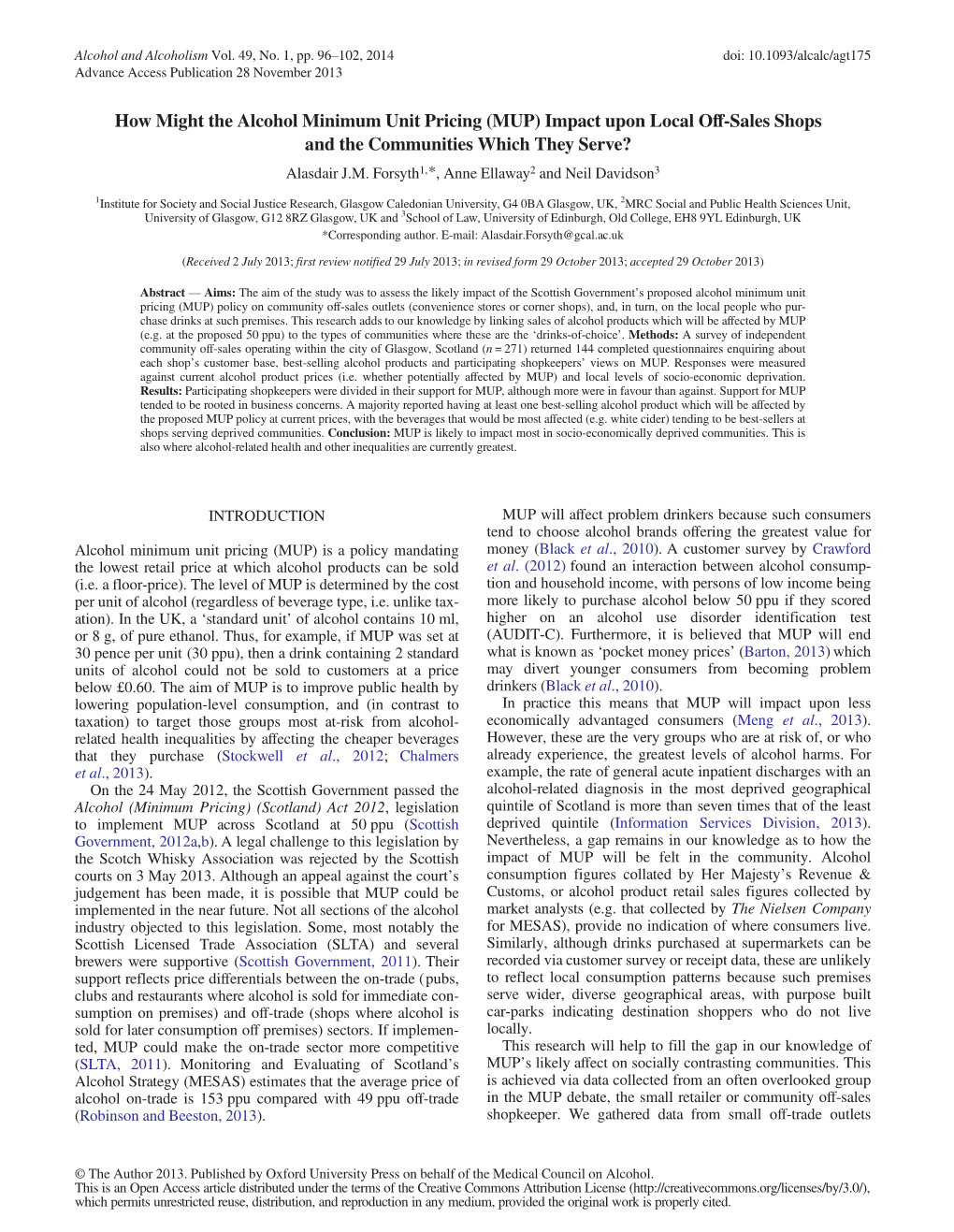 How Might the Alcohol Minimum Unit Pricing (MUP) Impact Upon Local Off-Sales Shops and the Communities Which They Serve? Alasdair J.M