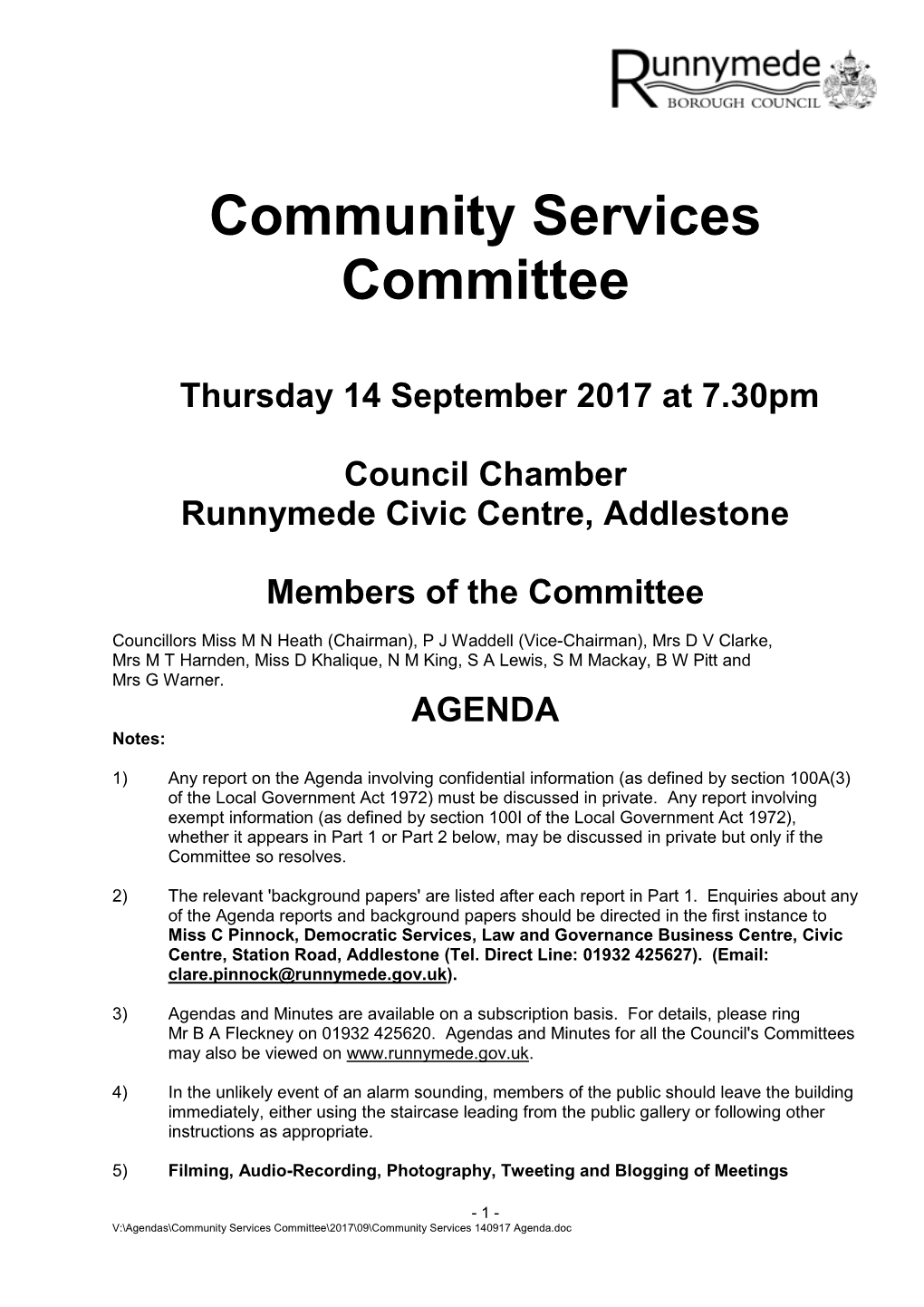 Community Services Committee Agenda 14 September 2017