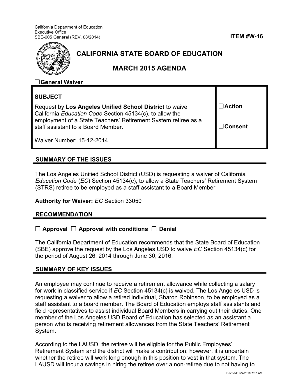 March 2015 Waiver Item W-16 - Meeting Agendas (CA State Board of Education)