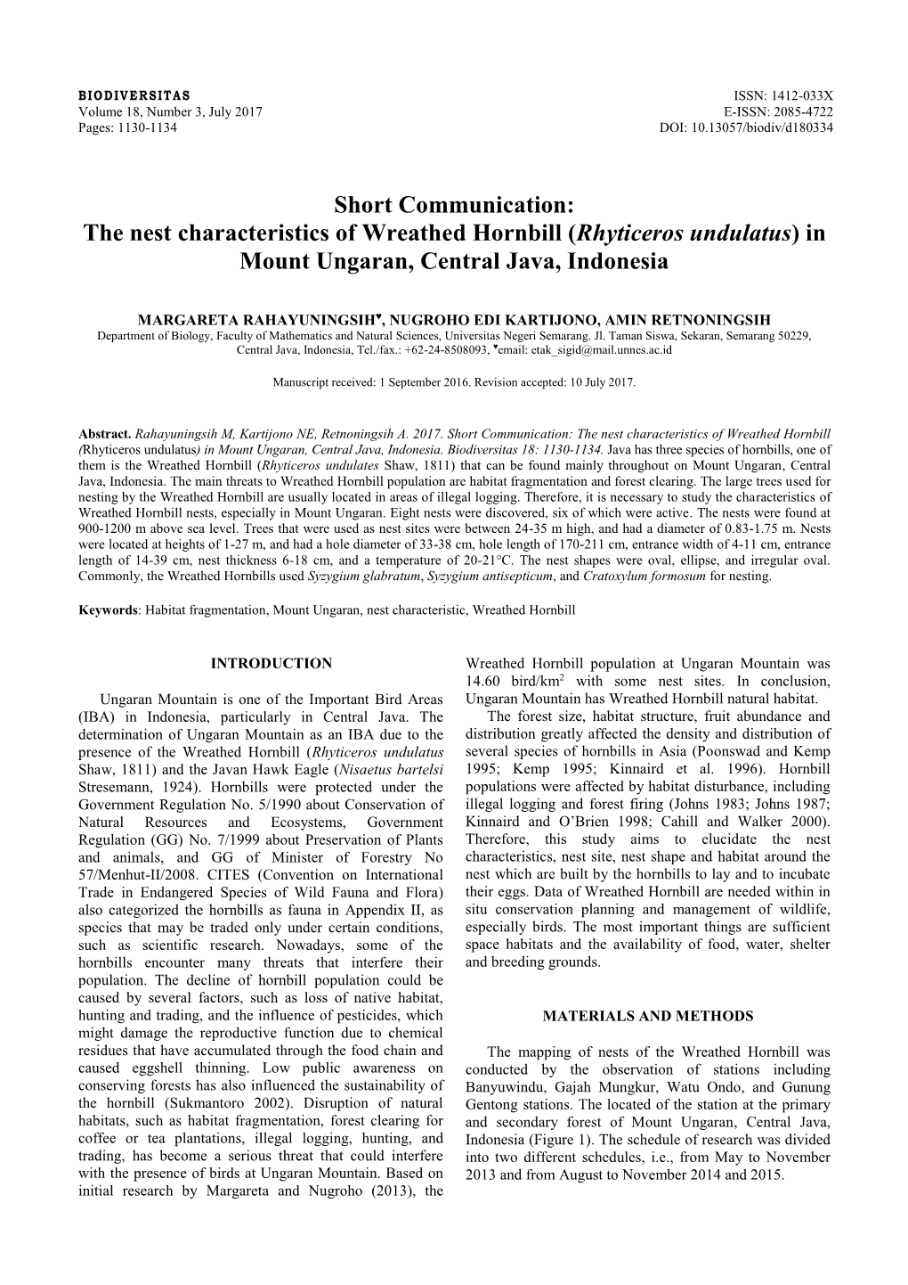 The Nest Characteristics of Wreathed Hornbill (Rhyticeros Undulatus) in Mount Ungaran, Central Java, Indonesia