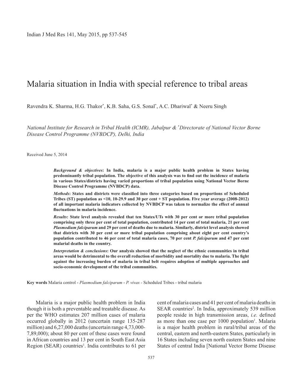Malaria Situation in India with Special Reference to Tribal Areas
