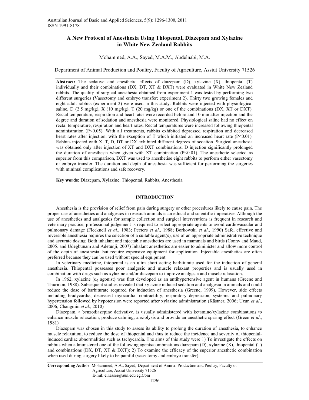 A New Protocol of Anesthesia Using Thiopental, Diazepam and Xylazine in White New Zealand Rabbits