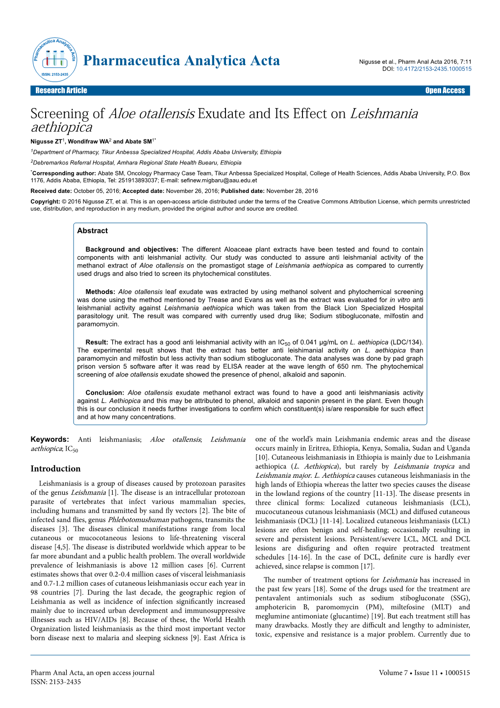 Screening of Aloe Otallensis Exudate and Its Effect on Leishmania Aethiopica