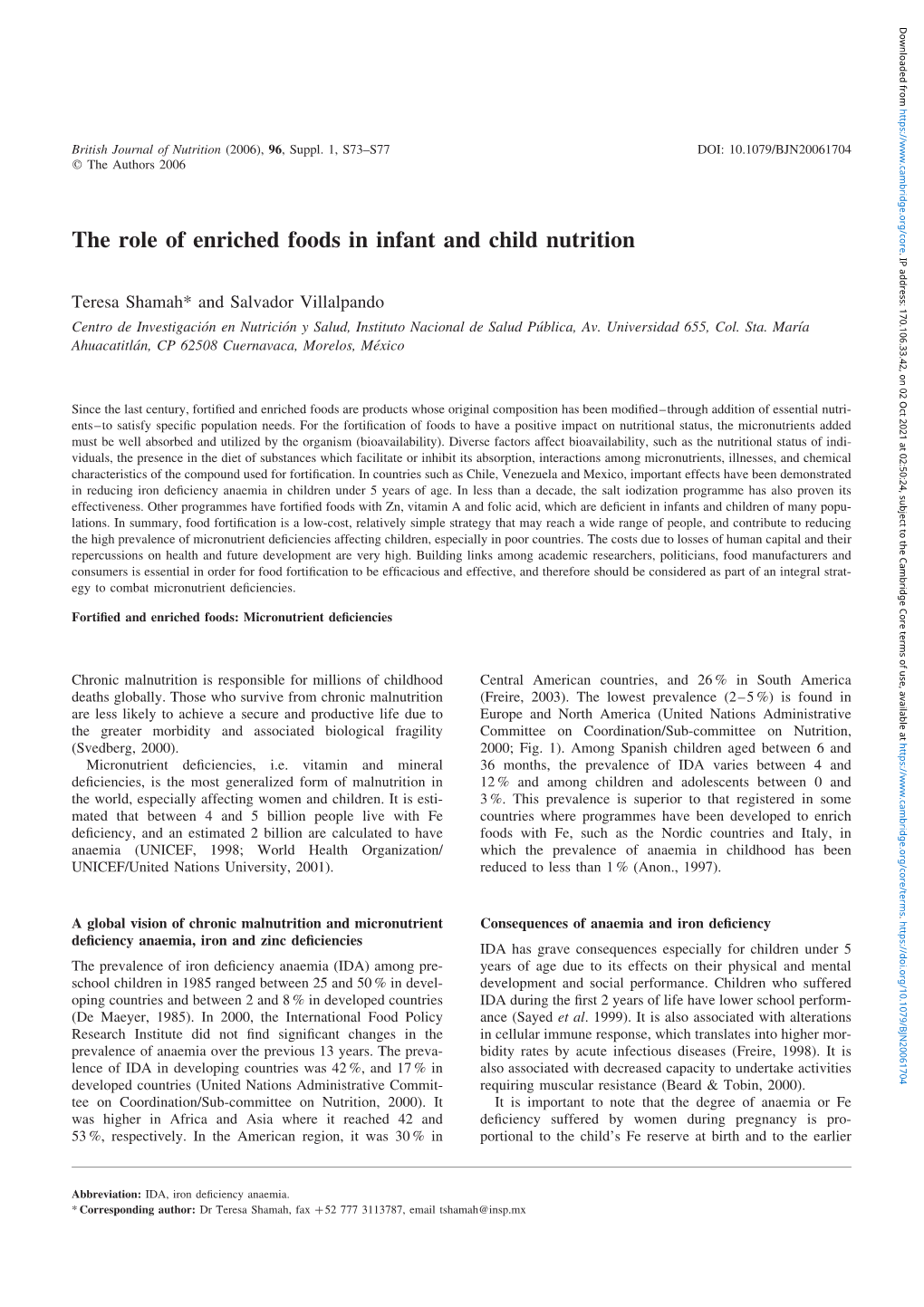 The Role of Enriched Foods in Infant and Child Nutrition