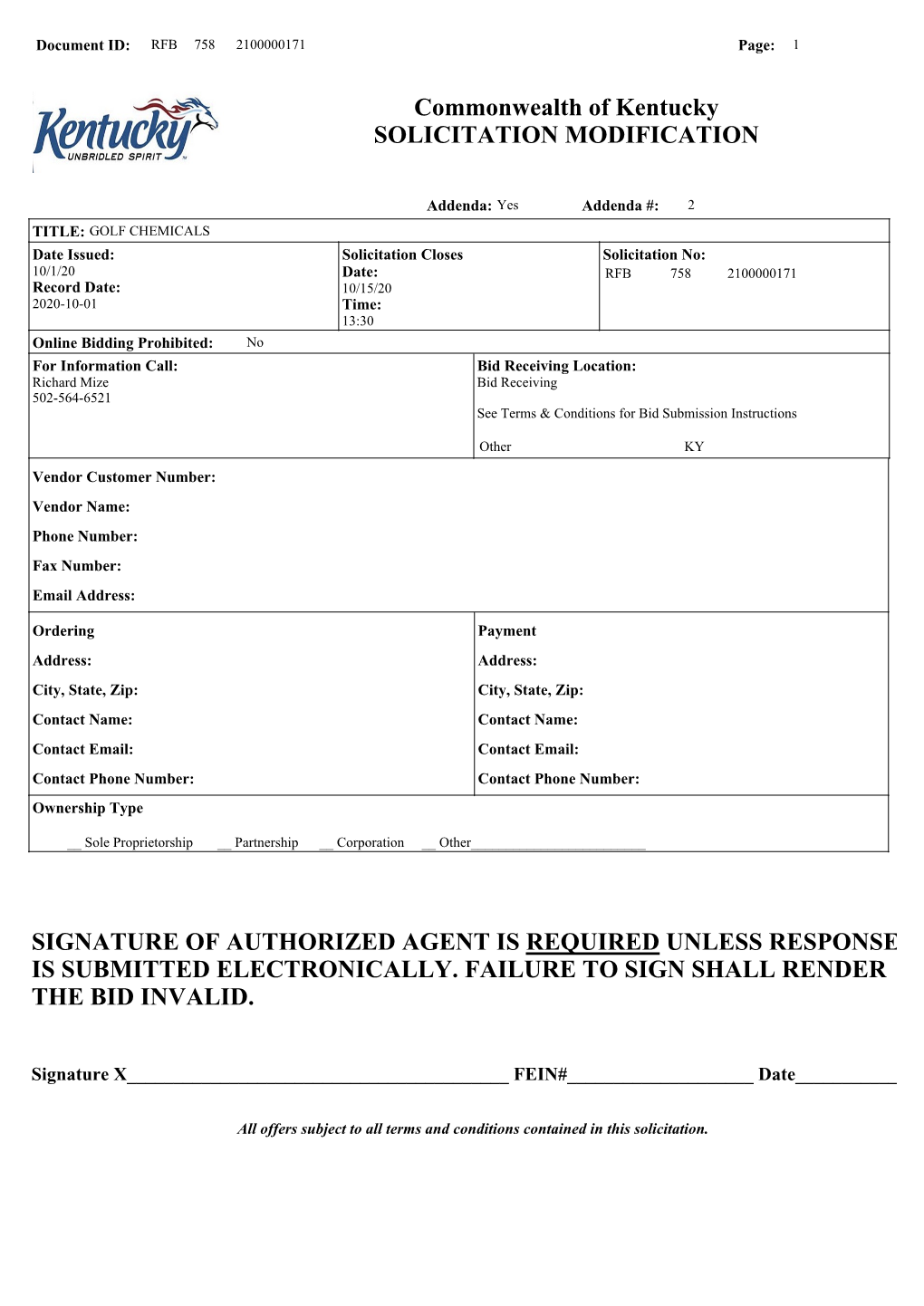 Commonwealth of Kentucky SOLICITATION MODIFICATION