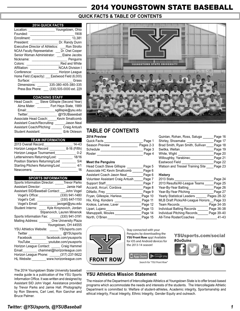 2014 Youngstown State Baseball Quick Facts & Table of Contents