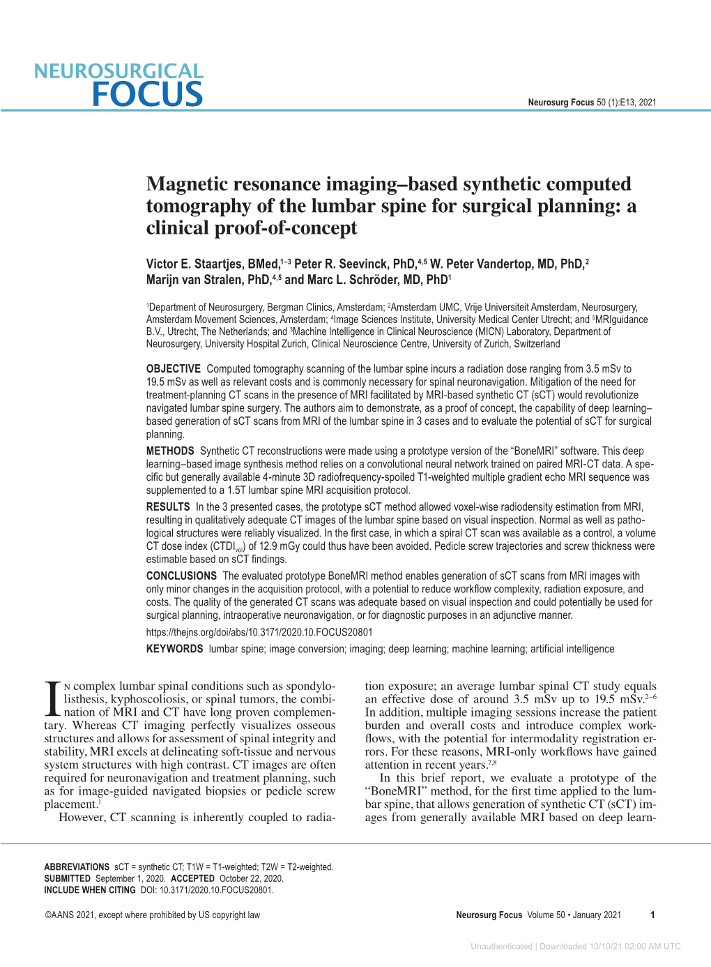Magnetic Resonance Imaging–Based Synthetic Computed Tomography of the Lumbar Spine for Surgical Planning: a Clinical Proof-Of-Concept