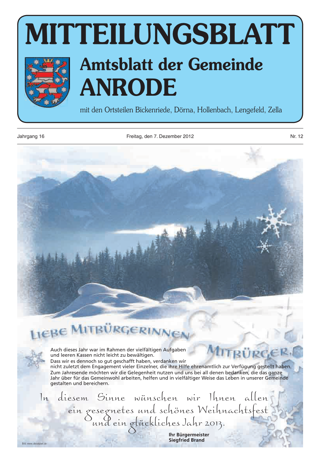 MITTEILUNGSBLATT Amtsblatt Der Gemeinde ANRODE Mit Den Ortsteilen Bickenriede, Dörna, Hollenbach, Lengefeld, Zella