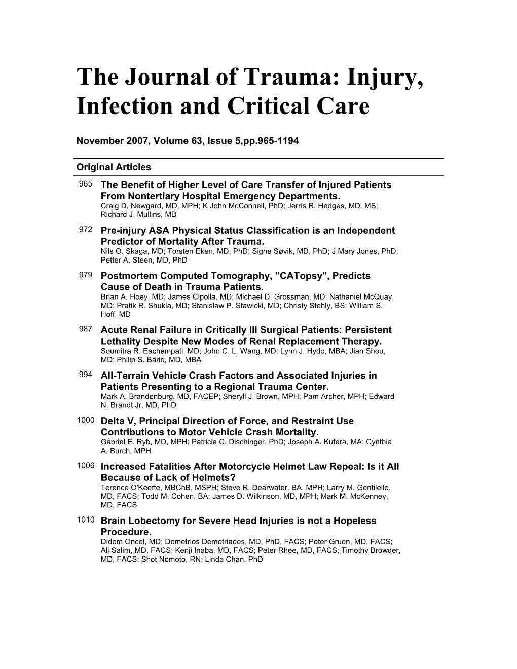 The Journal of Trauma: Injury, Infection and Critical Care