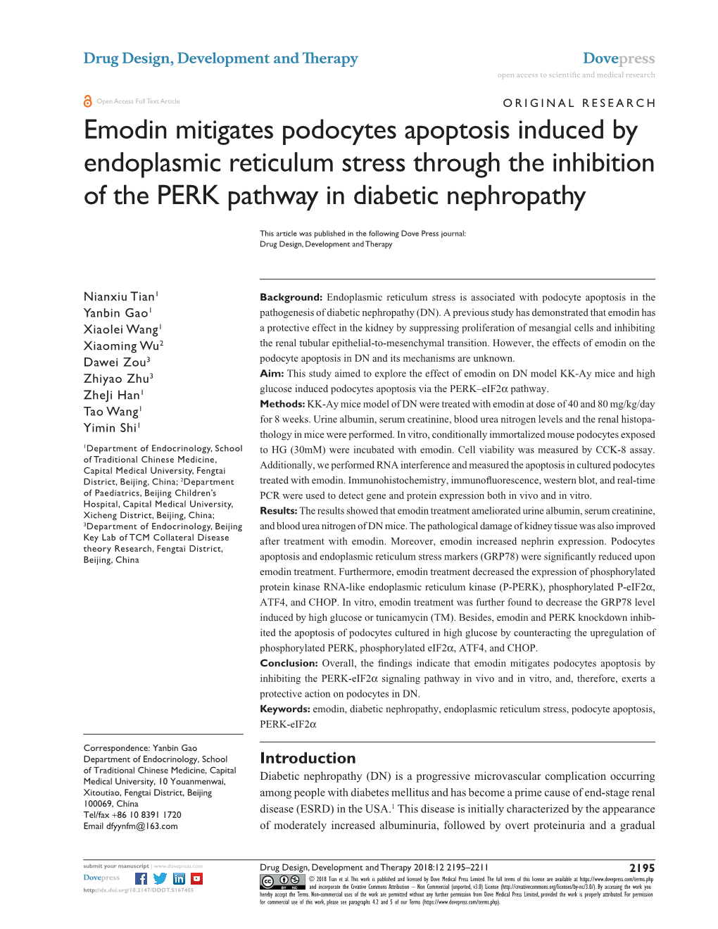 Emodin Mitigates Podocytes Apoptosis Induced by Endoplasmic Reticulum Stress Through the Inhibition of the PERK Pathway in Diabetic Nephropathy
