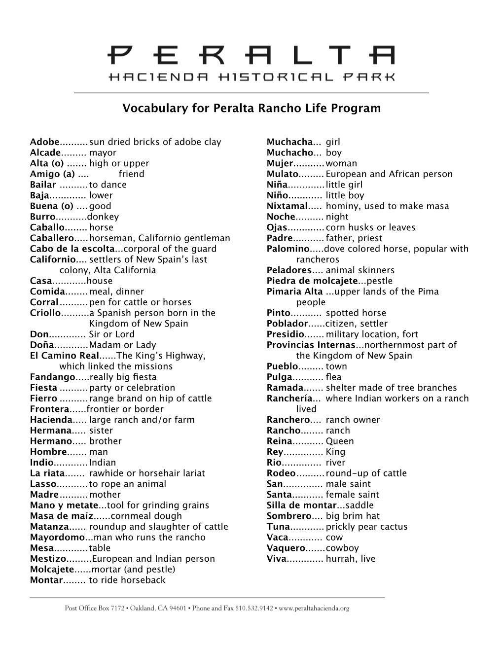 Vocabulary for Peralta Rancho Life Program