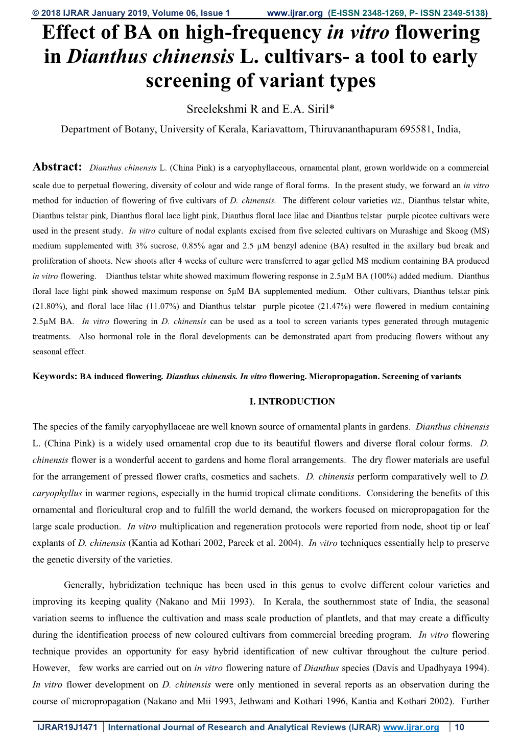 Effect of BA on High-Frequency in Vitro Flowering in Dianthus Chinensis L