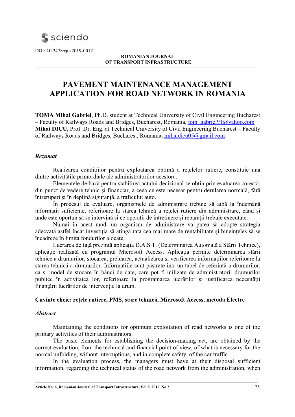 Pavement Maintenance Management Application for Road Network in Romania