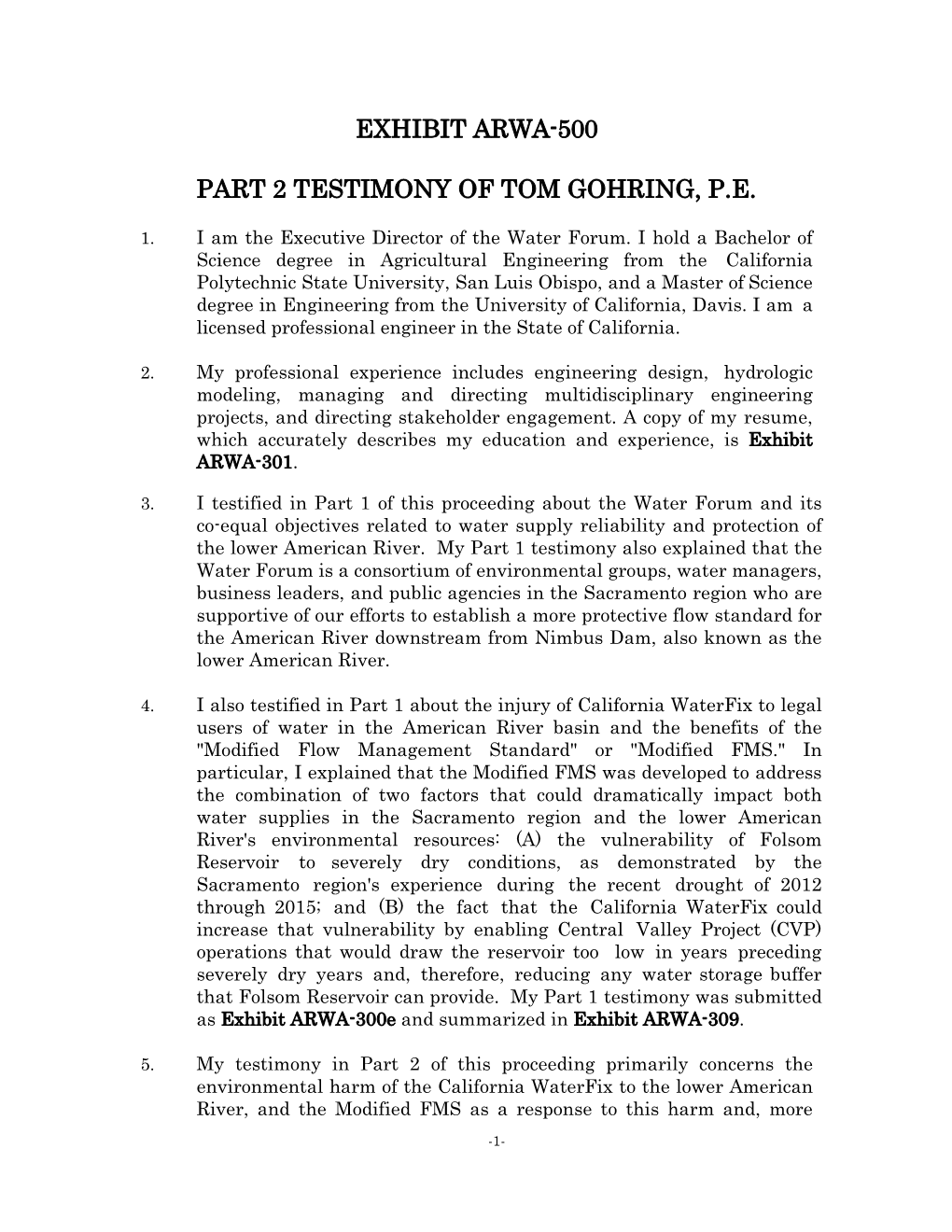 Exhibit Arwa-500 Part 2 Testimony of Tom Gohring, Pe