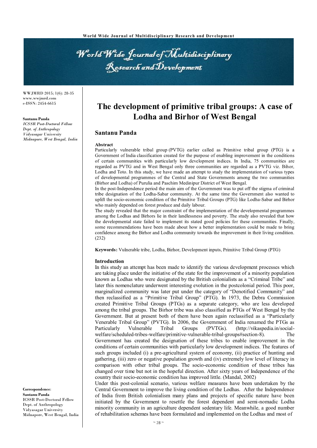 The Development of Primitive Tribal Groups: a Case of Lodha and Birhor