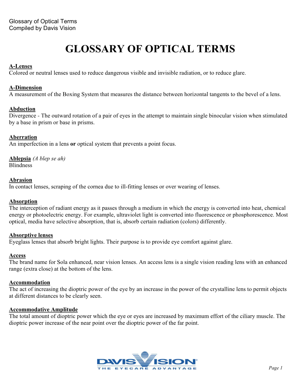 Glossary of Optical Terms Compiled by Davis Vision