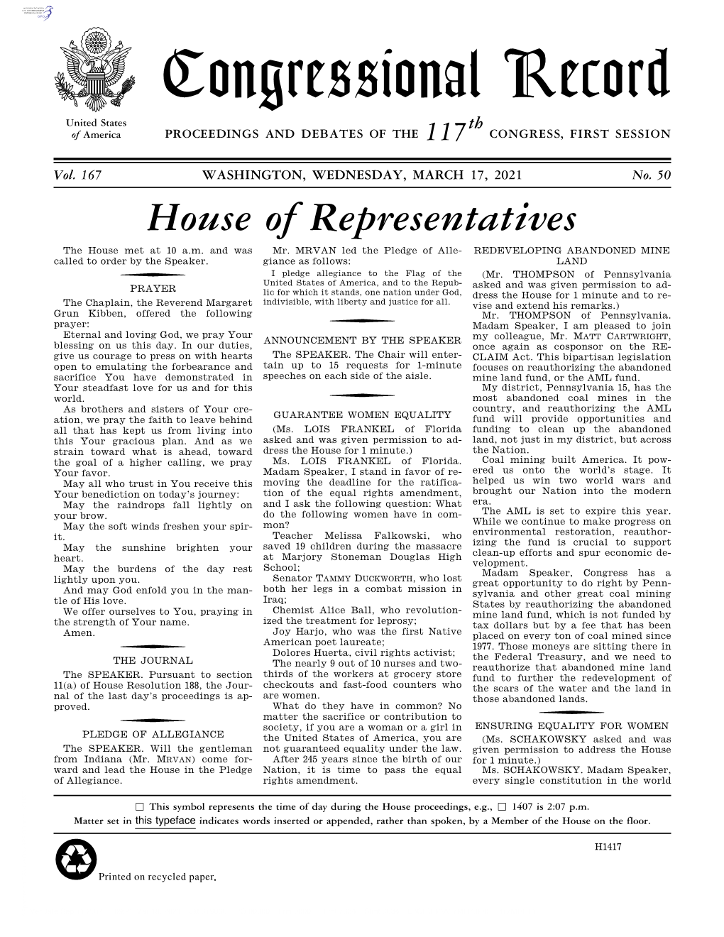 Congressional Record United States Th of America PROCEEDINGS and DEBATES of the 117 CONGRESS, FIRST SESSION